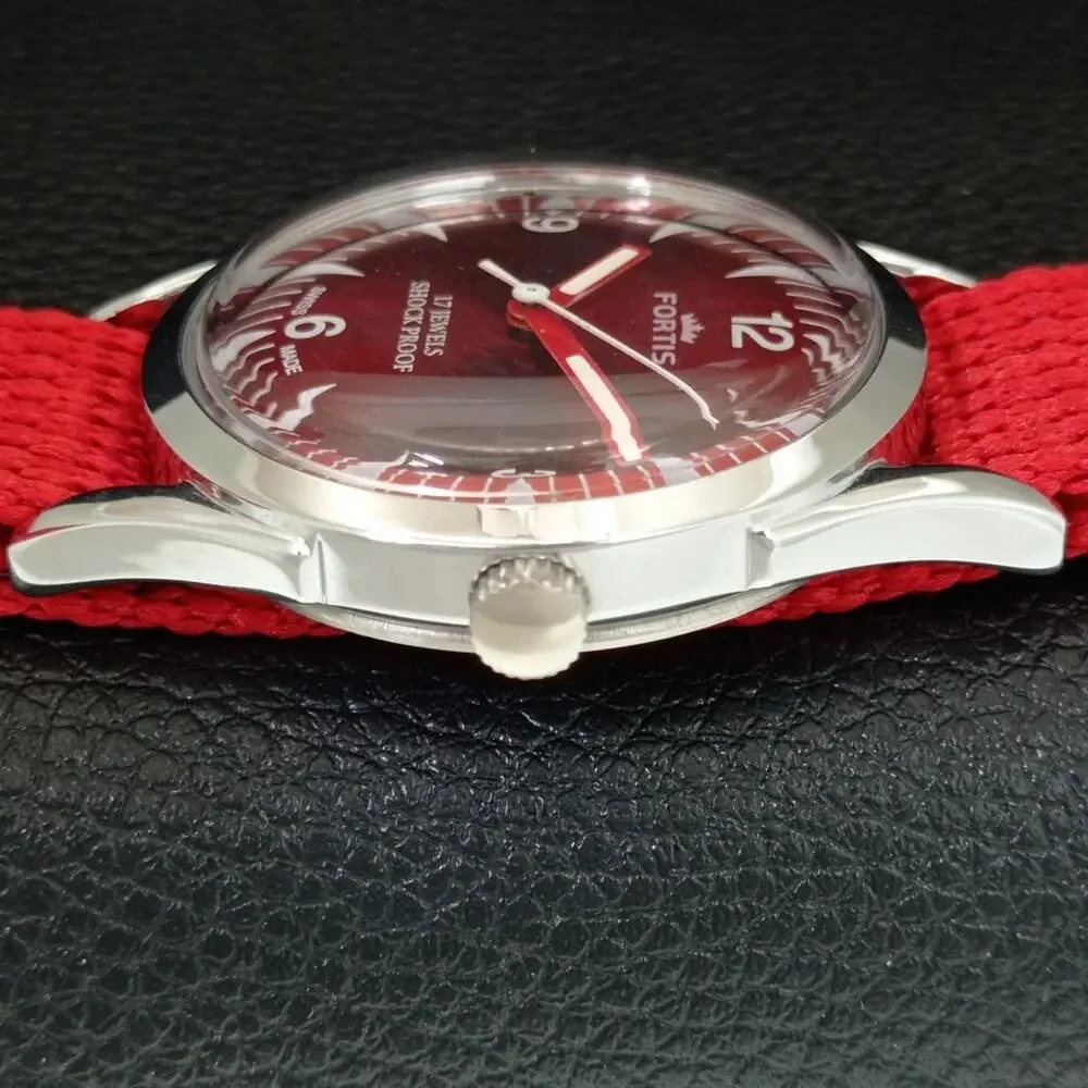 Vintage 1974 Fortis Manual Mens Silver Watch W/Nato Strap & Red accents
